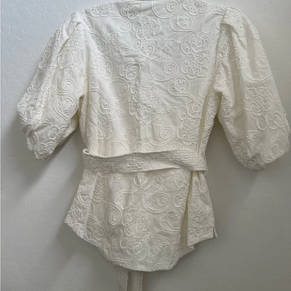 Zara Cream Eyelet Puff-Sleeve Wrap Top
